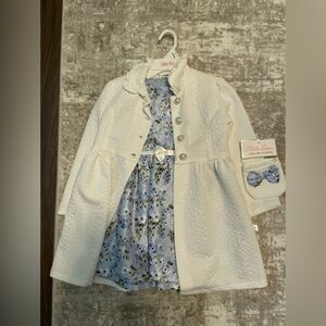 Little Lass Cream Coat with Blue Floral Dress and matching bag size 6X-NWT